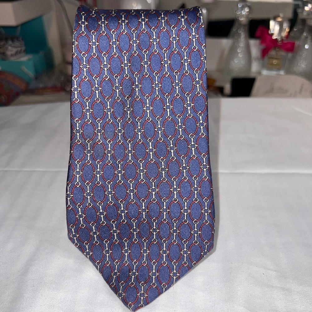 Saks Fifth Avenue Silk Necktie Blue Chain Print‎ Business Career